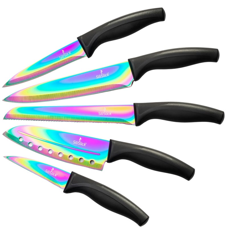 SiliSlick Rainbow Kitchen Knife Set, Sharp Stainless Steel Knives with Titanium Coating, Chef, Bread, Santoku, Paring, & Utility, Includes Covers, Ergonomic Black Handle - Image 1